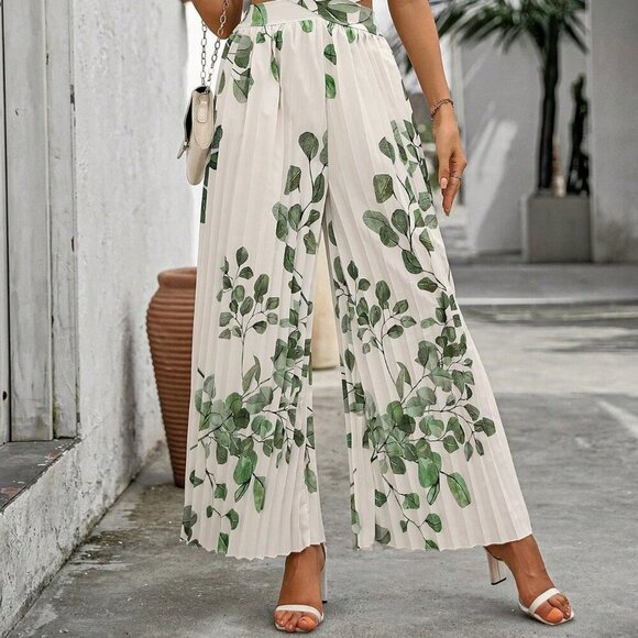 Multicolor Boho Women's V-Neck Plant Printed Pleated Jumpsuit - Picture 4 of 7